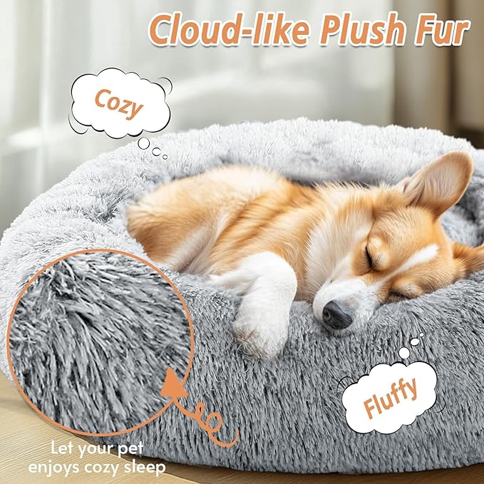JOLLYVOGUE Calming Dog Bed for Small Dogs - 23 inches Donut Washable Small Dog Bed for Kittens & Puppies, Anti-Slip Round Fluffy Plush Faux Fur Cat Beds (Fits up to 25 lbs Pets, Grey)