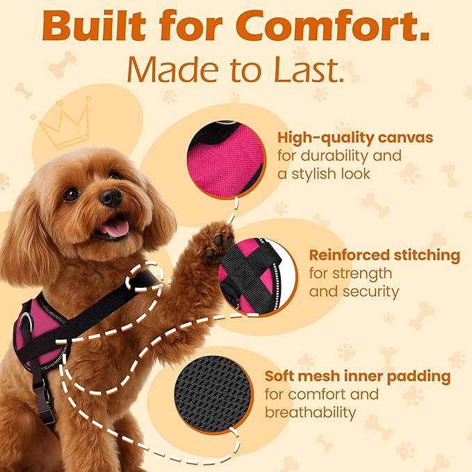 Bark Appeal Pink No-Pull Dog Harness for Small to Medium Sized Pets – Adjustable, Reflective Vest with 3 Leash Clips for Added Control, Easy Walks & Training – Medium