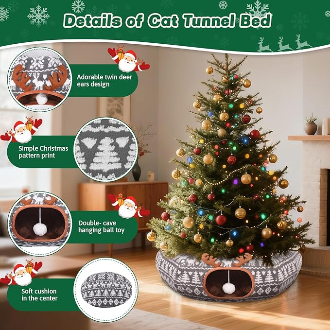 Christmas Cat Tunnel Bed - Cat Tunnels Christmas Tree Skirt for Indoor Cats - Soft Plush Cats Donut Cave with Washable Mat, Pet Play Toy Xmas Decor for Kitten, Rabbit, Puppy, Small Animal
