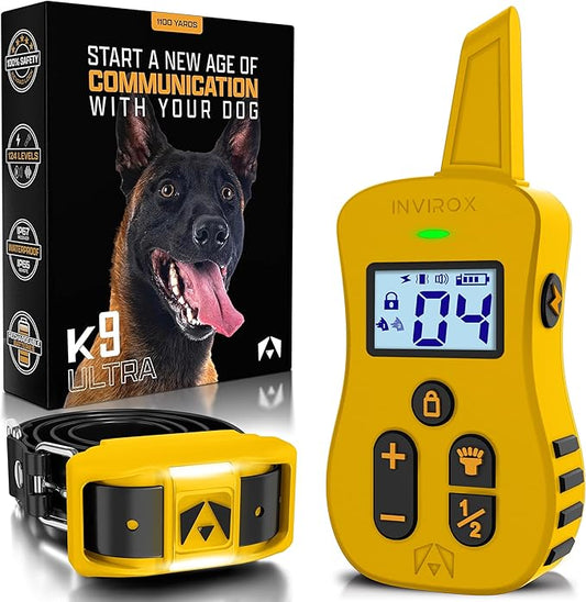 INVIROX Ultra K9 Dog Training Collar, 124 Levels for Reactive, Stubborn or Hard-to-Train Dogs, Long Range ¾ Mile, Night-Light Mode, Safe Communication, IP67 Waterproof E Collar for Large Dogs