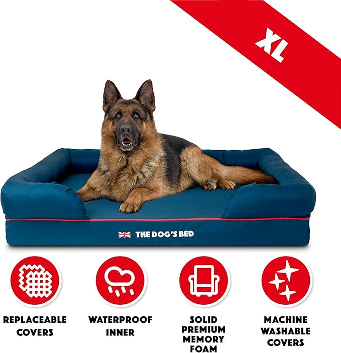 The Dog’s Bed Orthopedic Dog Bed XL Blue Oxford with Red Trim UK Flag Dog Bed, Memory Foam, Pain Relief: Arthritis, Post Surgery, Lameness, Waterproof Washable Cover, Veterinary Approved