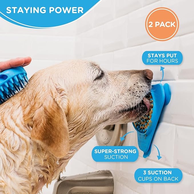 Aquapaw Suction Cup Lick Mat for Dogs - Bath Time Lick Mat for Bathtub - Mental Stimulation Slow Feeder Pad - Peanut Butter Treat Holder - 2-Pack, Regular, Blue