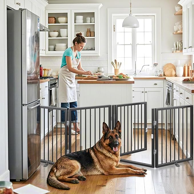 Vantas Folding No-Assembly Metal Pet Gate 80" Wide, 24" Extra Tall Dog Gate with Door Walk Through, Freestanding Accordion Puppy Gate Dog Door for Indoor & Outdoor, with 2PCS Support - Black
