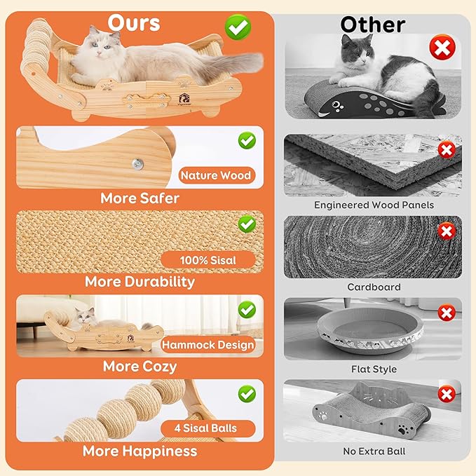 Sisal Cat Scratch Pad, Wooden Cat Scratching Board with Sisal Cat Scratch Mat and 4 Balls, Cat Scratchers for Indoor Cats Scratch & Lounger & Sleep (Large Size, Nature Wood)