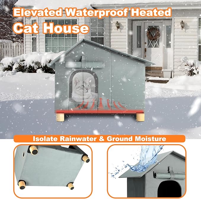 YUEPET Heated Outdoor Cat House for Winter, Elevated Weatherproof Cat House with Thermostatic Heating Pad for Outside, Warm Feral Cat Shelters for Outdoor Several Cats Stray Cats