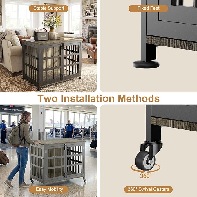 33" Dog Crate Furniture for Medium & Small Dogs with Wheels, Heavy Duty Dog Cage, Indoor Puppy Crate, Wooden Dog Kennel Table, 32.6" L x 22.8" W x 25.8" H, Decorate House as End Table — Grey