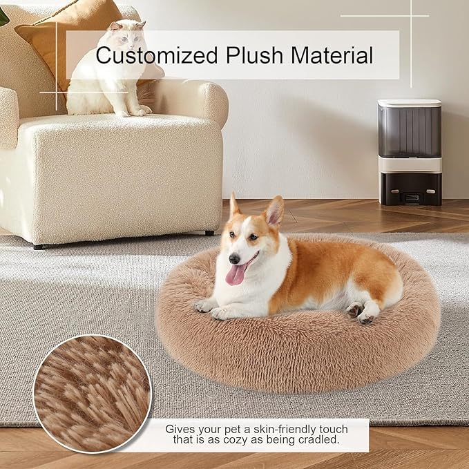 Dog Bed, Cat Calming Bed, Faux Fur Pillow Pet Donut Cuddler Round Plush Bed for Large Medium Small Dogs and Cats (Camel, 44.0" L x 44.0" W x 7.0" Th)