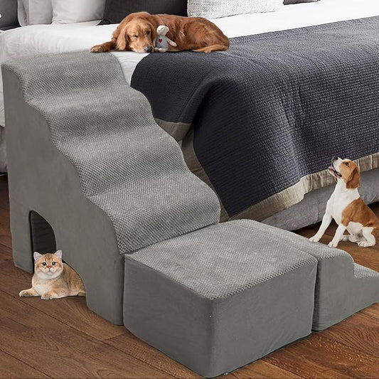 A.FATI Dog Stairs for High Beds up to 30-36 Inch, 6 Tiers Dog Steps, Pet Stairs Adjust to Left Side of Bed, Non-Slip Dog Ramp for Small Dogs and Old Pets