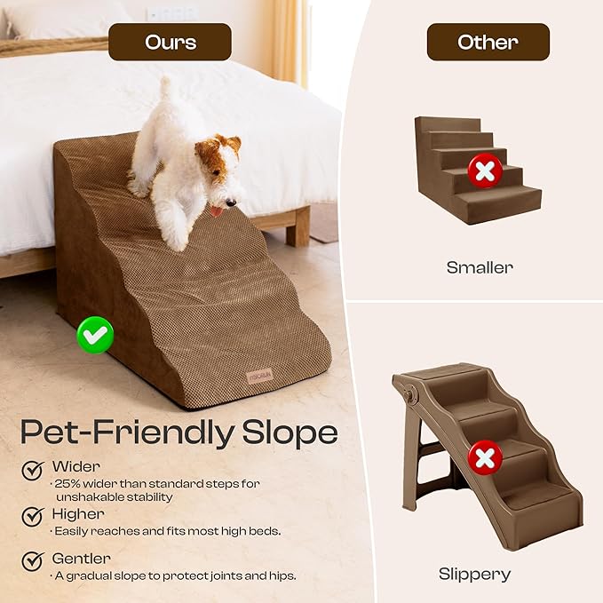Extra Wide Dog Stairs for Large Dogs Up to 80lbs, 25" Pet Steps for High Bed with Washable Cover, 5-Step Foam Bed & Couch Ladder for Small Medium Dogs & Senior Cat, Coffee
