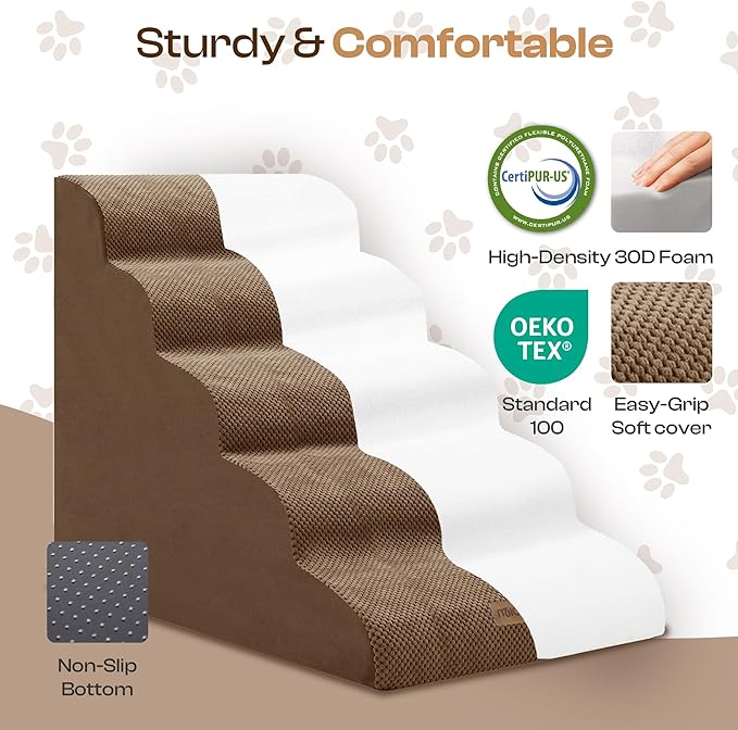 Replacement Cover for Miorun Extra Wide 5-Step Dog Stairs (Cover Only), Machine Washable, Anti-Slip, Fits Curved Dog Ramp for High Bed Up to 26", Coffee