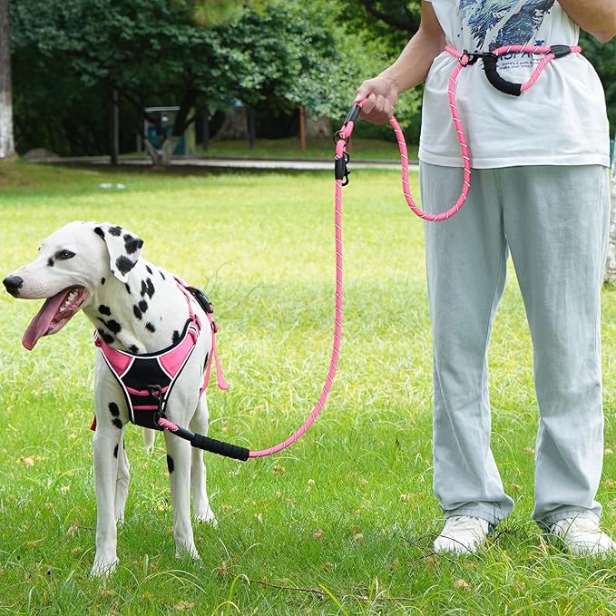 Cymiler Hands Free Dog Leash, 8 Ft Reflective Cross-Body Pet Rope Leashes with Sponge Handle, Heavy Duty Nylon, for Running, Hiking, Training, Waist Leash for Small Medium Large Dogs (Pink)