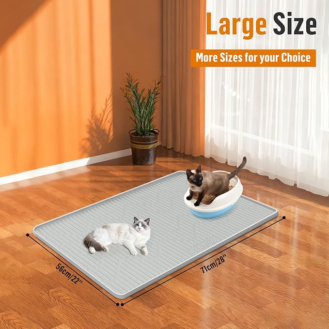 Silicone Cat Litter Mat, 28" x 22" Large Cat Litter Box Mat Litter Trapping Mat for Scatter Control, Waterproof, Soft on Kitty Paws, Clean Floor (Grey)