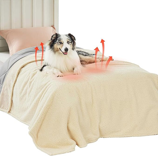 Bedsure Self Warming Blanket for Bed - Sherpa Fleece Waterproof Dog Blankets for Large Dogs, Pet Blankets for Bed/Couch/Dog Crate, Soft Plush Reversible Furniture Protector, Twin Size, 80"x60", White