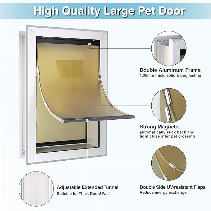 Extra Large Dog Door for Walls Heavy Duty Aluminum Doggy Door with Telescoping Tunnel Energy Efficient Double Flaps Pet Door for Large and Extra Large Doggies Up to 220 lbs, Weatherproof