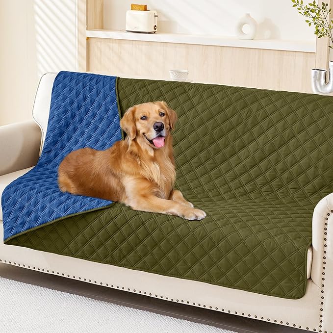 Smiry Waterproof Dog Bed Cover Pet Blanket, Soft Washable Dog Blanket for Furniture Bed Couch Sofa Reversible, Checkered (52"x82", Green/Navy)