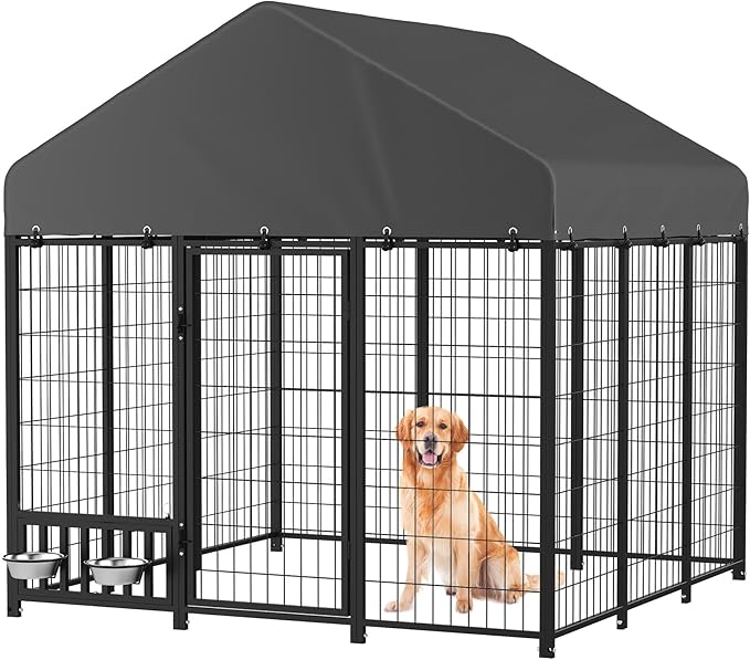 Heavy Duty Outdoor Dog Kennel for Yard, 6x6 Small Steel Chain Link Fence with Roof, Dog Run Enclosure with Feeding Bowl & Self-Locking Latch