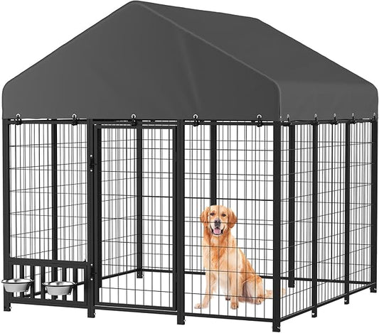 Heavy Duty Outdoor Dog Kennel for Yard, 6x6 Small Steel Chain Link Fence with Roof, Dog Run Enclosure with Feeding Bowl & Self-Locking Latch