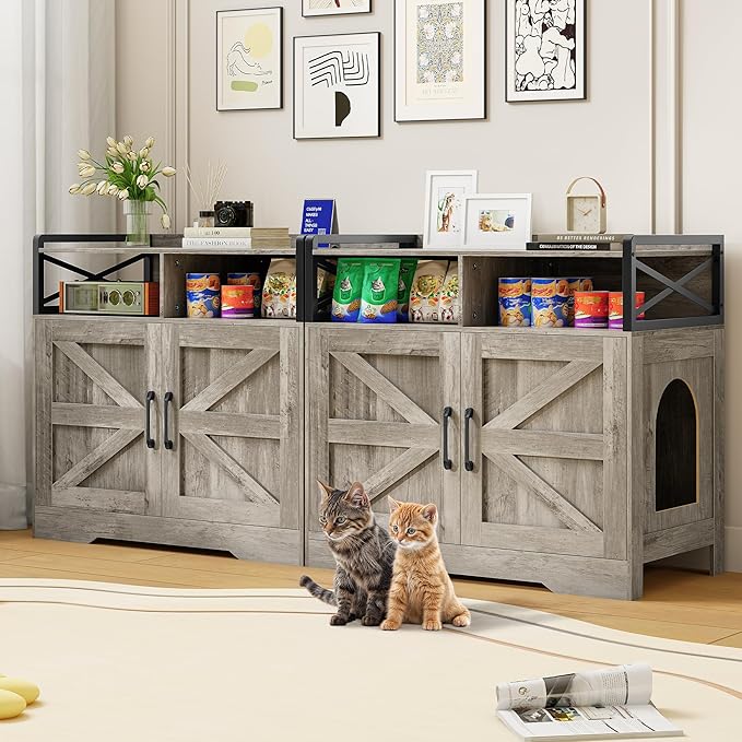 35" Ultra-Large Cat Litter Box Enclosure, Hidden Litter Box Cabinet with Anti-Tipping Fence and 2 Open Drawers, Enclosed Litter Box Furniture End Table, Grey