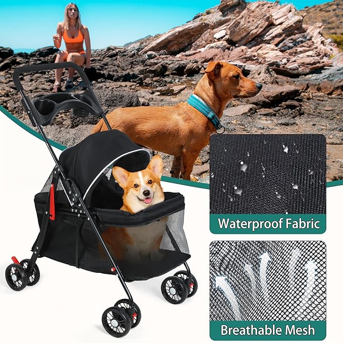 Pet Strollers,4 Wheels Outdoor Travel Pet Folding Stroller, Outdoor Travel Folding Stroller, Dog Cat Cage Carrier with Cup Holder, Breathable and Visible Mesh for Medium Small Dog