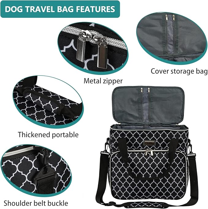 BAGLHER Dog Travel Bag, Pet Travel Bag (All Pet Travel Supplies), with 2 Pet Food Containers and 2 Collapsible Silicone Bowls; Essential Kits for Travel DLblack