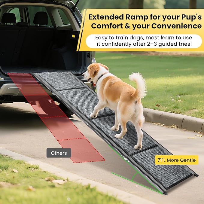 Dog Ramp for Car, 71''x 17.3'' Extra Long Dog Ramp for Truck with Non-Slip Rug Surface, Portable and Folding Dog Car Ramp for SUV & Car, Outdoor Pet Ramp for Large Dogs Up to 250 LBS