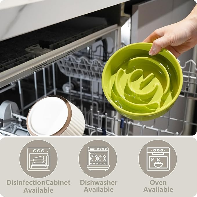 Ceramic Slow Feeder and Water Bowl Set for Small Dogs, 6.0inch Ceramic Dog Bowls Elevated with Wooden Stand, 0.6 Cups Dog Slow Feeder(14oz) and 30oz Water Bowl Set, Green