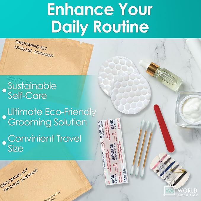 World Amenities Kraft Paper Grooming Kit - Travel Size Toiletries - Cotton Rounds, Bamboo Cotton Tips, Sewing Kit, Emery Board (25 Pack)