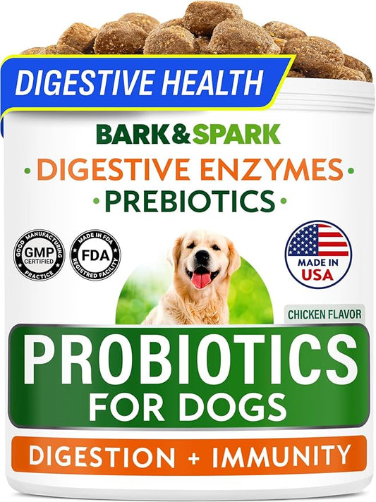 BARK&SPARK Probiotics for Dogs Digestive Health w/Enzymes - Diarrhea Gas Treatment Upset Stomach Relief - Allergy & Itchy Skin - Pet Dogs Probiotics - Digestion Supplement Treat (120Ct Chicken)