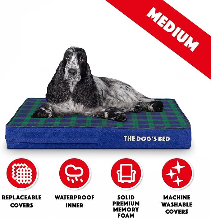 The Dog’s Bed Orthopedic Memory Foam Dog Bed, Medium Black Watch Tartan, Pain Relief Arthritis, Hip & Elbow Dysplasia, Post Surgery, Lameness Supportive, Waterproof Washable Cover, Veterinary Approved