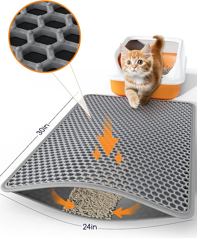 Cat Litter Mat - 30" x 24" Large Litter Box Mat with Double Layers, Urine-Proof and Non-Slip Litter Trapping Mat, Easy to Clean Kitty Litter Mats for Floor, Scatter Control, Grey
