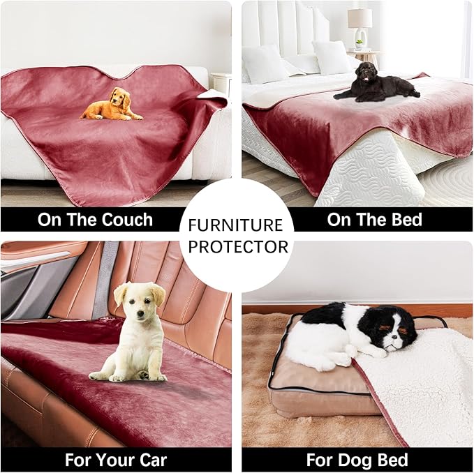 Waterproof Dog Blankets for Medium Dogs, Washable Pet Blanket for Indoor Cats, Plush Sherpa Puppy Throw Furniture Protector for Bed Couch Sofa(30"x40",M,Burgundy Red)