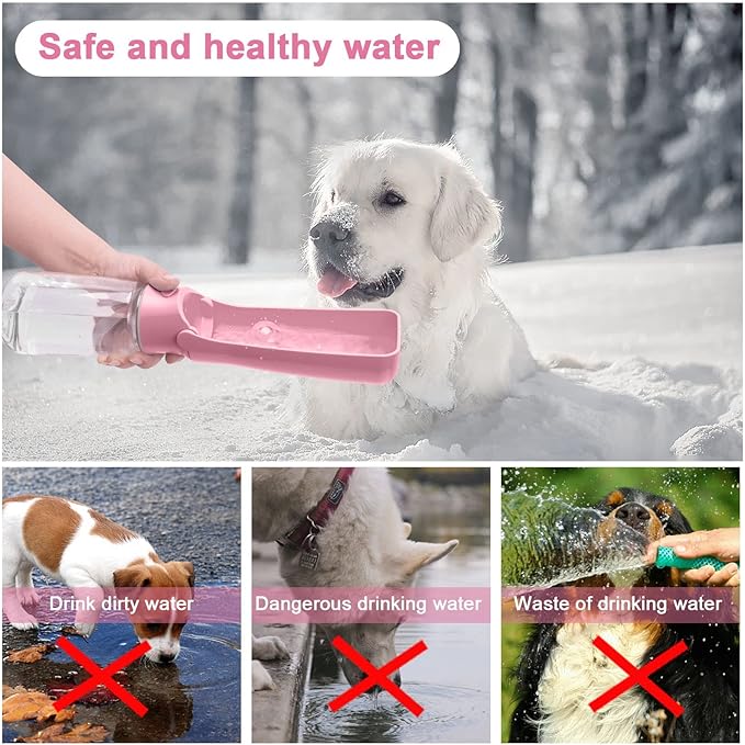 Portable Dog Water Bottle - Foldable Dog Water Dispenser | Leak Proof & Food Grade Plastic Travel | Pet Water Bottle for Cat Outdoor Walking Hiking Travel（US） (Pink, 19oz)
