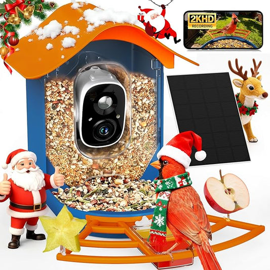 PeckCam® Smart Bird Feeder with Camera 2K HD Auto Detect & Notify, AI Identify 10000+ Birds Camera with Solar Panel 5 Perch Attachments Wireless Outdoor Birdwatching Gift for Birds Lover, Orange