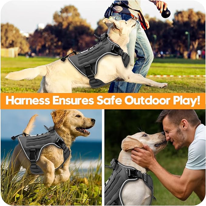 Heavy-Duty Tactical Dog Harness for Large Dogs, No Pull Adjustable Reflective Pet Vest with Molle System, K9 Military-Grade Control for Service Training, Outdoor & 10+ Breeds, Gray, X-Large