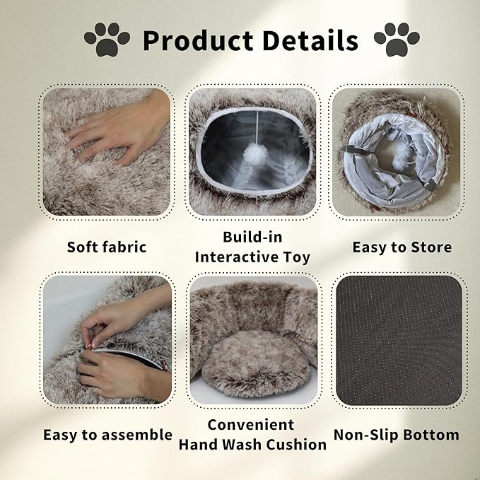 Cat Tunnel Bed for Indoor Cats with Washable Cushion Cat Cave Donut Tunnel with Fluffy Ball Big Round Tube Pet Playground Toys Soft Plush Peekaboo for Kitten, Cat, Puppy, Rabbit, Ferret（Brown）