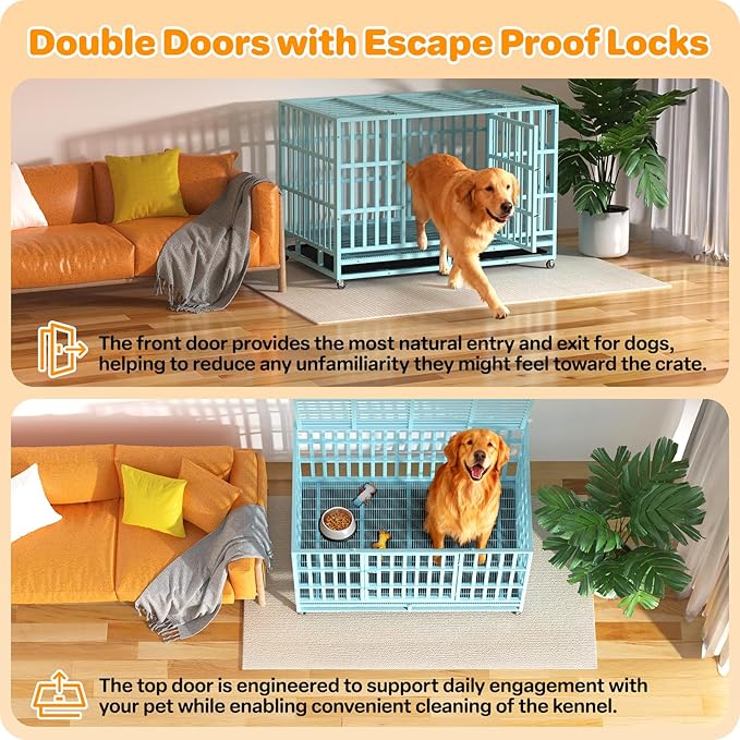 Heavy Duty Dog Crate 48 Inch, Indestructible Dog Crate with Removable Tray, Escape Proof & High Anxiety Dog Kennel Indoor, Metal Dog Cage with Wheels for Large Dogs, XL XXL XXXL