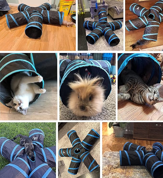 Pawaboo Cat Toys, Cat Tunnel Tube 5 Way Tunnels 25x53cm Extensible Collapsible Play Tent Interactive Toy Maze Cats House with Balls and Bells for Cats Kitten Kitty Rabbit Small Animal, Blue