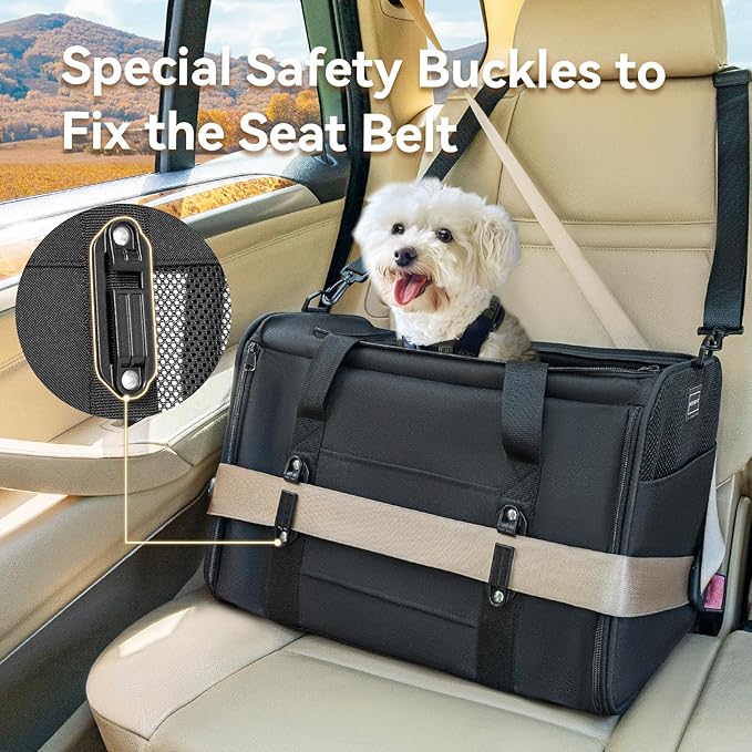 PETSFIT Cat Car Carrier for Medium Cats Dogs, 19"x12"x12" Small Dog Carrier, with Patent Safety Buckles and Escape-Proof Zipper - Safeguarding Car Travel, Vet Visit, Outdoor