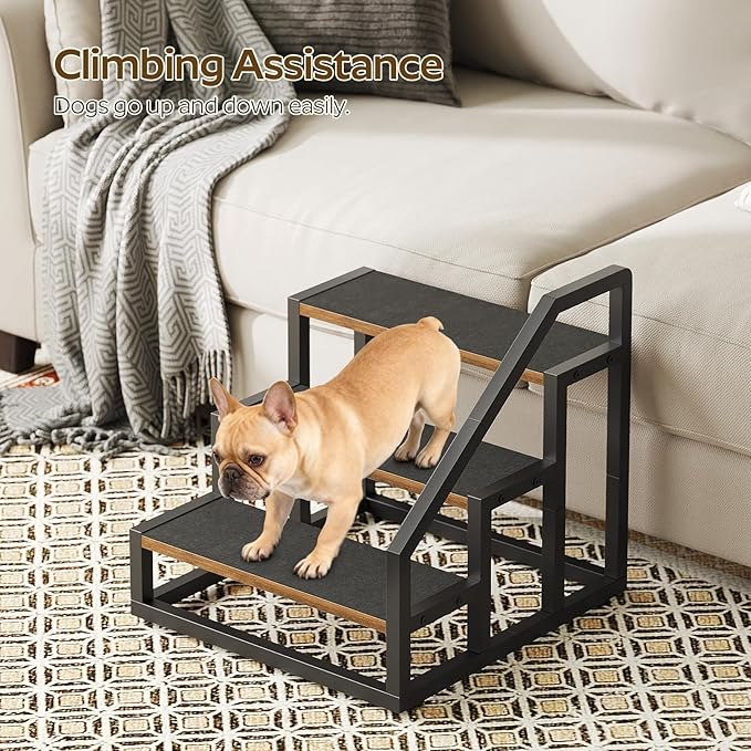 Dog Stairs for Small Dogs, 3-Steps Dog Steps for High Beds and Couch, 20.5”H Pet Steps with Non-Slip, Rustic Brown and Black LT11BR