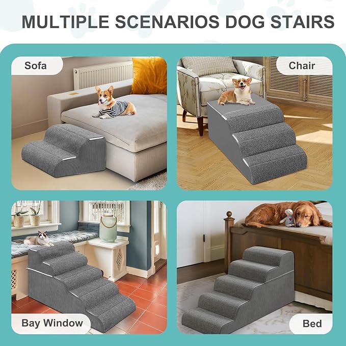 5-Step Dog Stairs for High Bed - 21.3" Adjustable Dog Ramps for Couch, Non-Slip Sturdy Pet Steps for Small Dogs, Washable Cover, Removable Modular Design, Dual 11” & 12.83” Steps for Custom Height