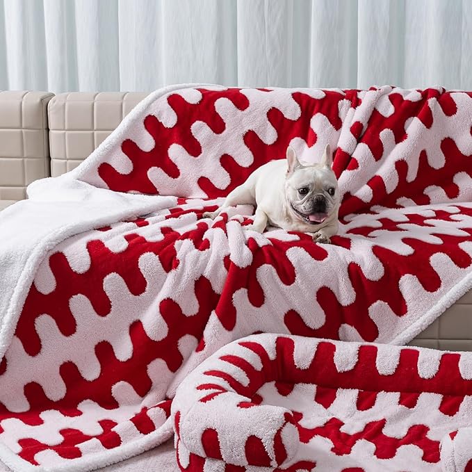 Waterproof Pet Blanket,Red Dog Throw Blankets for Bed Covers Couch Sofa Stylish Jacquard Pets Mats of Puppy Cats Washable Reversible Furniture Protection Covers (Red Wave,M)