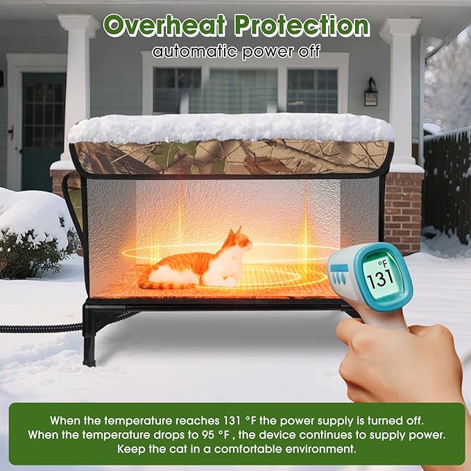 Heated Cat House for Outside Cat in Winter, Insulated Outdoor Feral Cat Shelter with Cat Heating Pad, 2 Doors,Elevated Waterproof Heated Kitty House (Camouflage, 21.5"x16.5"x18")