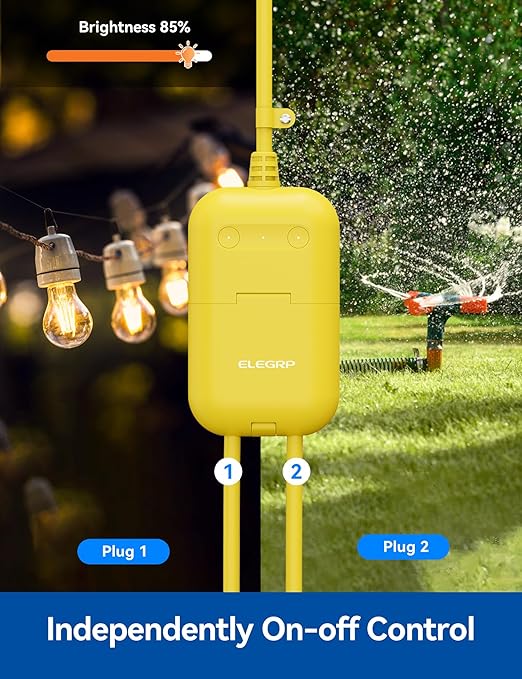 ELEGRP Outdoor Smart Dimmer Plug Waterproof IP66, Smart WiFi Plug with 2 Individually Sockets, Compatible with Alexa & Google Assistant, Outdoor Dimmer for String Lights, UL Listed, 1 Pack, Yellow