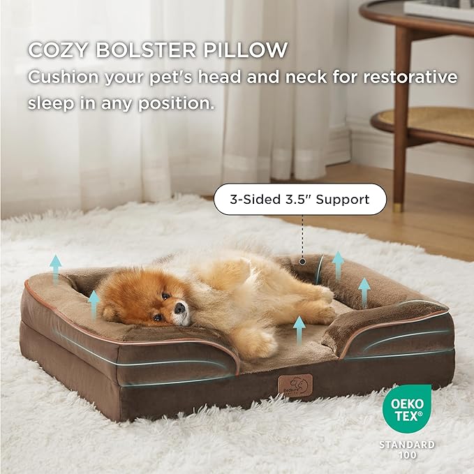 Bedsure Orthopedic Dog Beds for Small Dogs - Washable Small Dog Cat Bed Waterproof, Comfort Pet Couch Sofa with Washable Removable Cover, Pets Bed with Nonskid Bottom, Brown, 24"