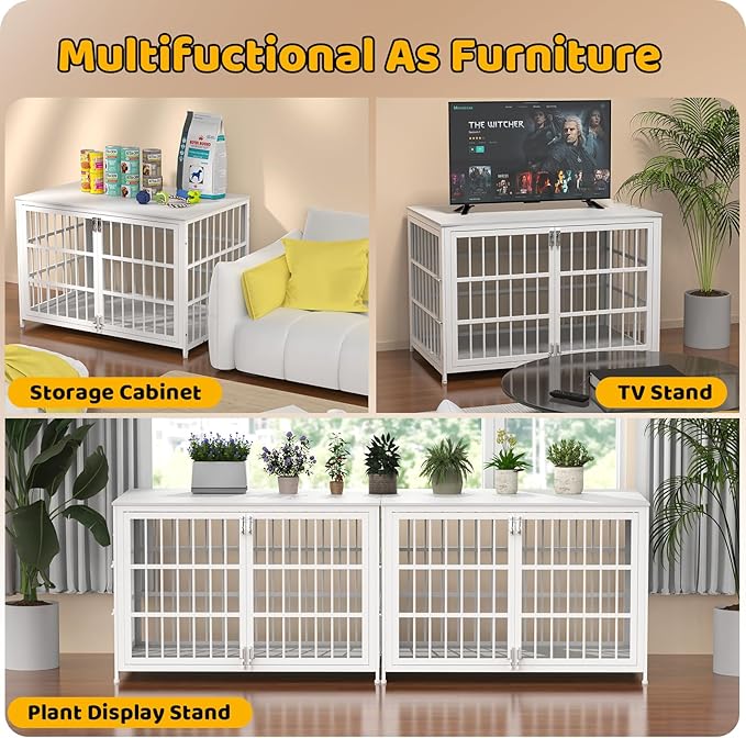 Heave Duty Dog Crate Furniture, Various Sizes & Colors Optional, Indestructible Cage for High Anxiety Dogs with Wooden Table for Indoor Decorative, Escape-Proof Locks & Double Door for Large XXL Dogs