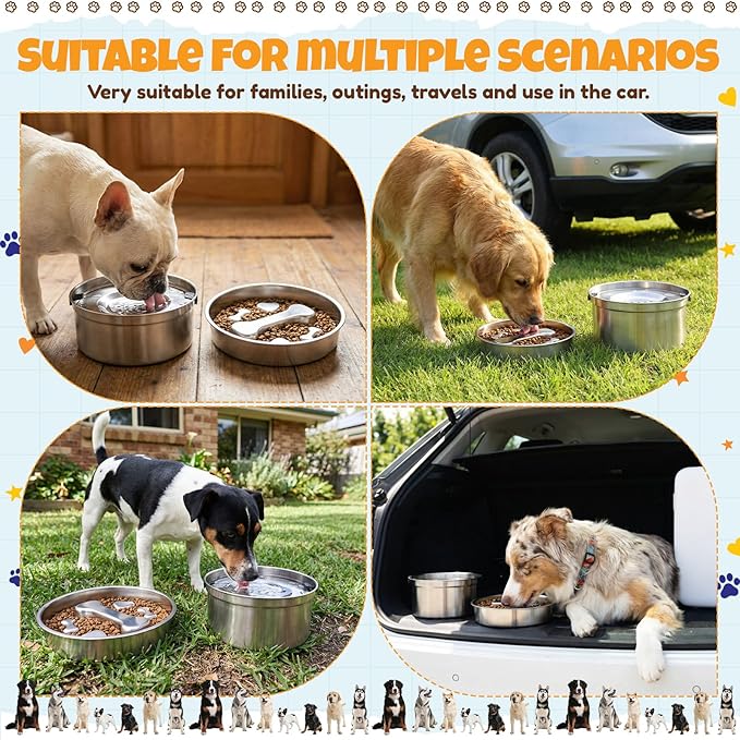 Vesici Slow Feeder Bowls Set 3.2L No Spill Water Bowl and 2 Cups Stainless Steel Dog Slow Feeder Food Bowl Puppy or Cat Food Holder Dishwasher Pet Supplies