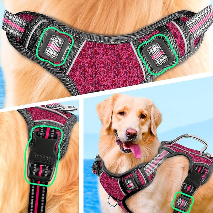 BARKBAY No Pull Dog Harness Large Reflective Dog Harness with Front Clip and Easy Control Handle for Walking Training Running with ID tag Pocket(Pink/Black,M)