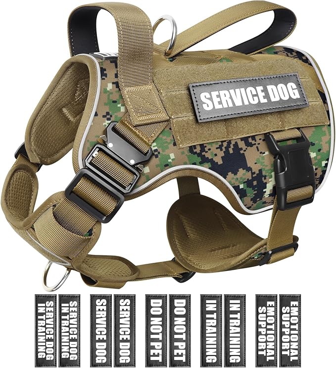 WINSEE Tactical Dog Harness for Large Dog, Heavy Duty Service Dog MOLLE Vest with 10 Pet Patches, No Pull Military Working Vest for Training Hunting Walking