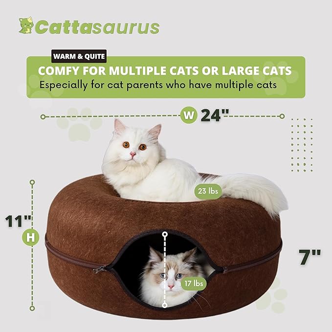 Cattasaurus Peekaboo Cat Cave Donut for Multiple & Large Cats up to 30-45 lbs, 3-in-1 Self Warming Cat Bed, Tunnel & Scratcher for Indoor Cats, Washable & Detachable Small Dog Bed (Brown, Large)