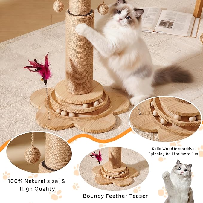 Cat Scratching Post 32" Tall Cat Scratch Post Tree Scratching Posts for Indoor Cats Adults Kitten with Wooden Interactive Ball Toy and Hanging Sisal Ball